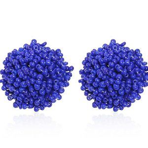 Blue Pom Pom Beaded Big Puff Post Earrings 1" Round Seed Bead Boho Bohemian New